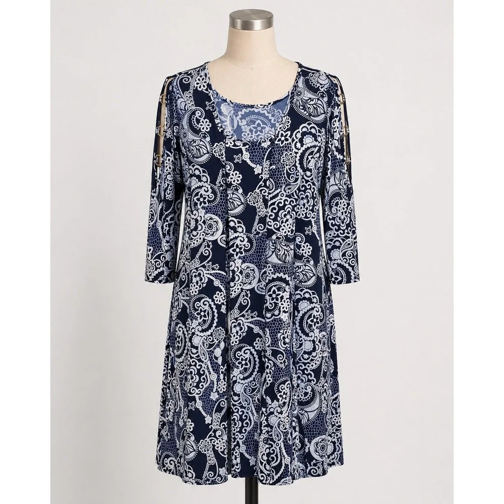 Est. 1946 Navy Blue White Paisley Cold Shoulder A-Line‎ Dress Large RN37080